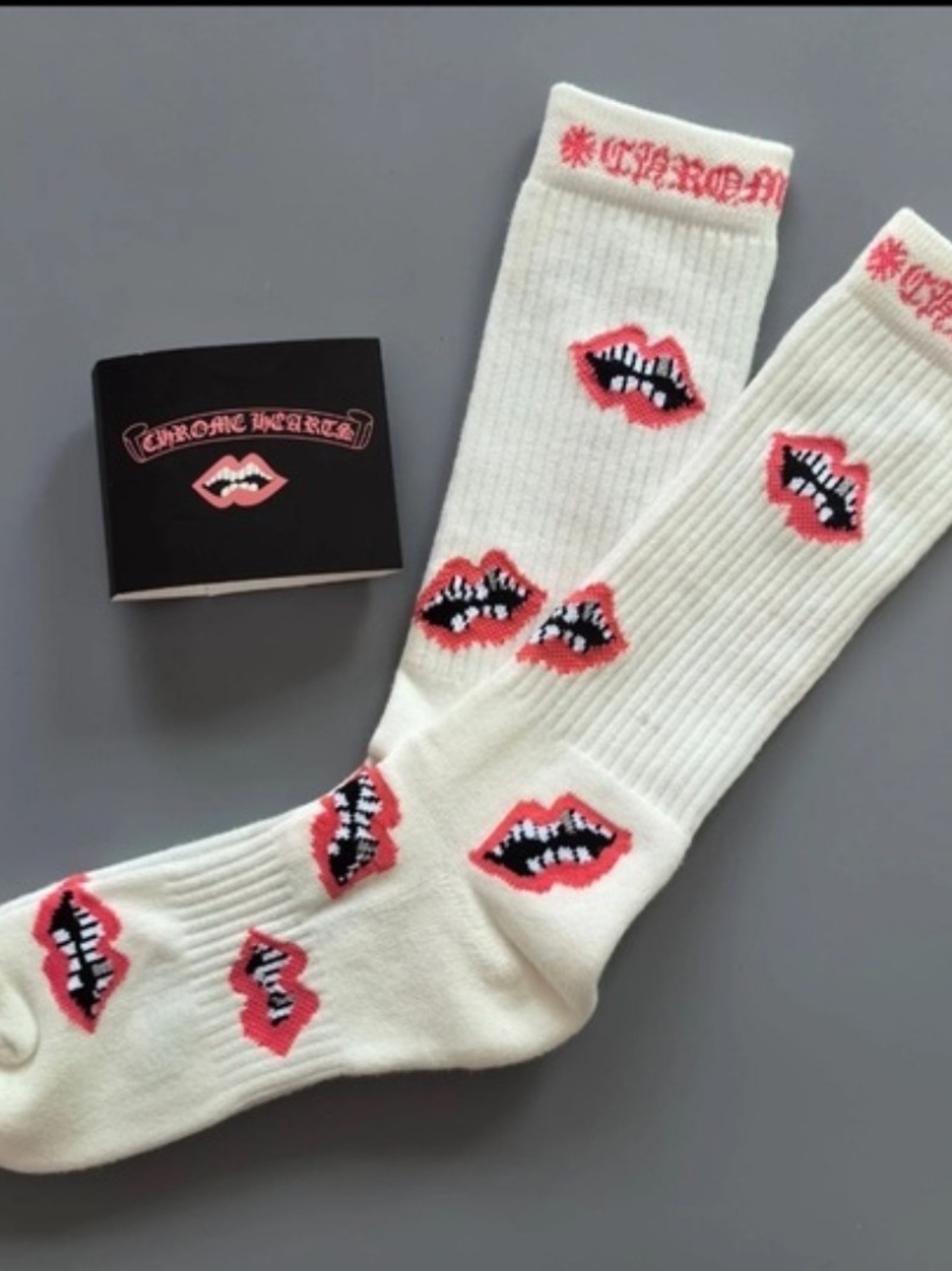 Chrome Hearts White Crew Socks with Pink Lip Embroidery